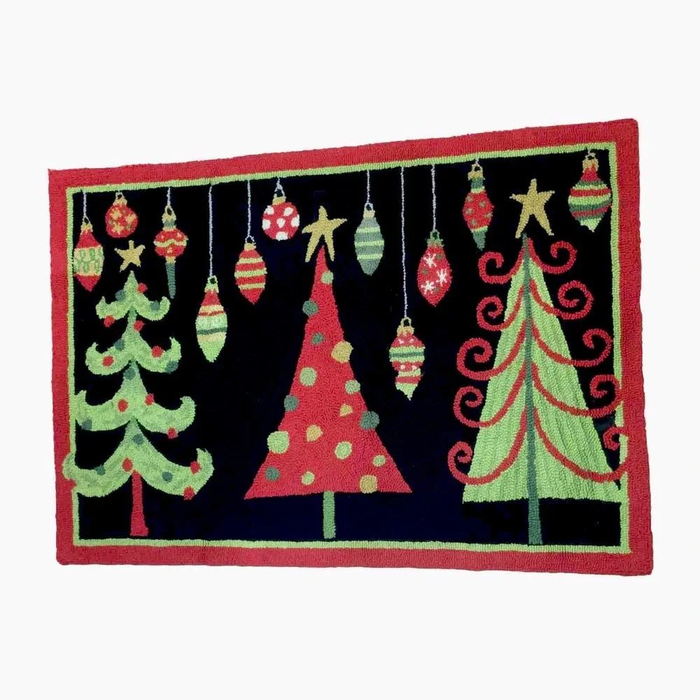 Vintage Hooked Wool Rug Christmas Trees and Ornaments Holiday Decor 38